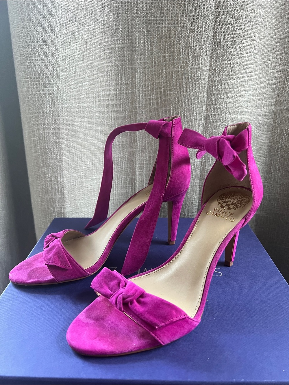 Vince Camuto Bright Fuchsia Suede Bow Ankle-Tie Heels